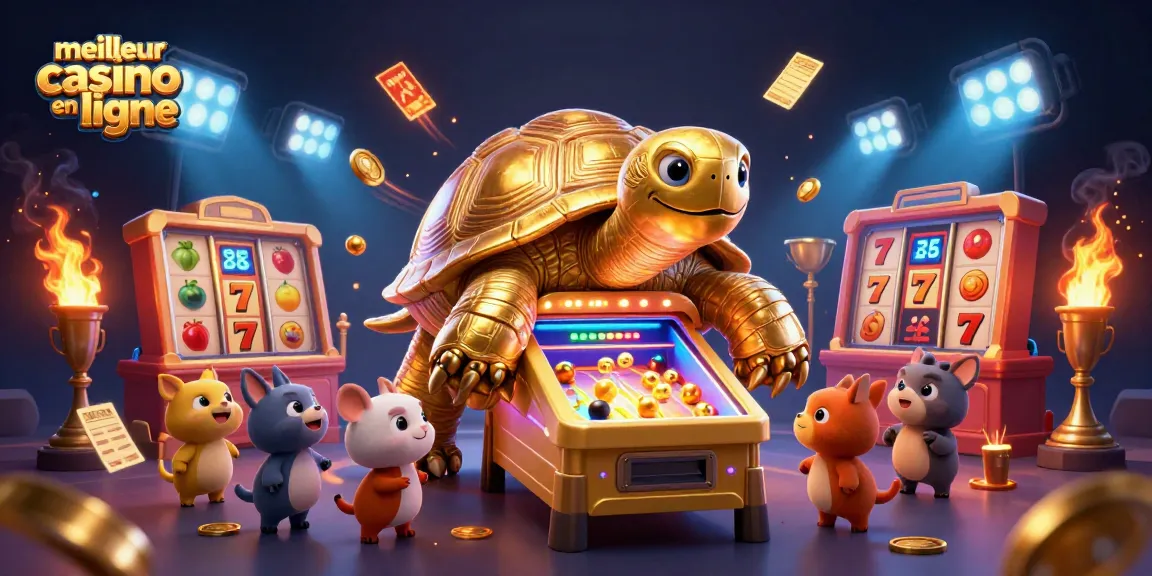 Profitez du meilleur casino en ligne avec notre illustration d'une tortue géante et des éléments ludiques captivants.