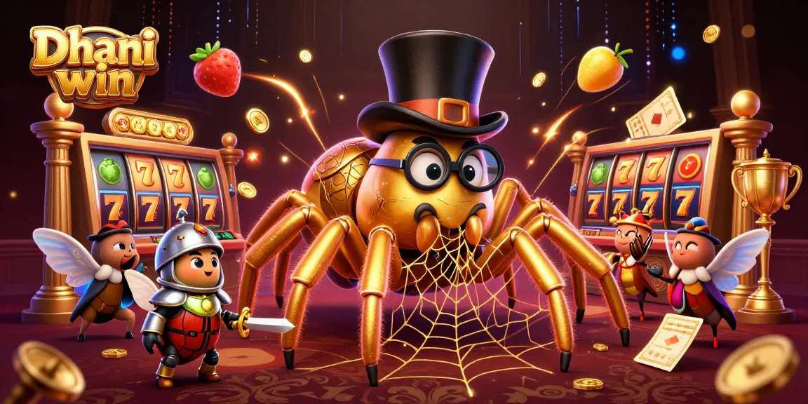 Dhani win captivatingly showcases a golden tarantula and beetle knight amid dynamic slot elements.