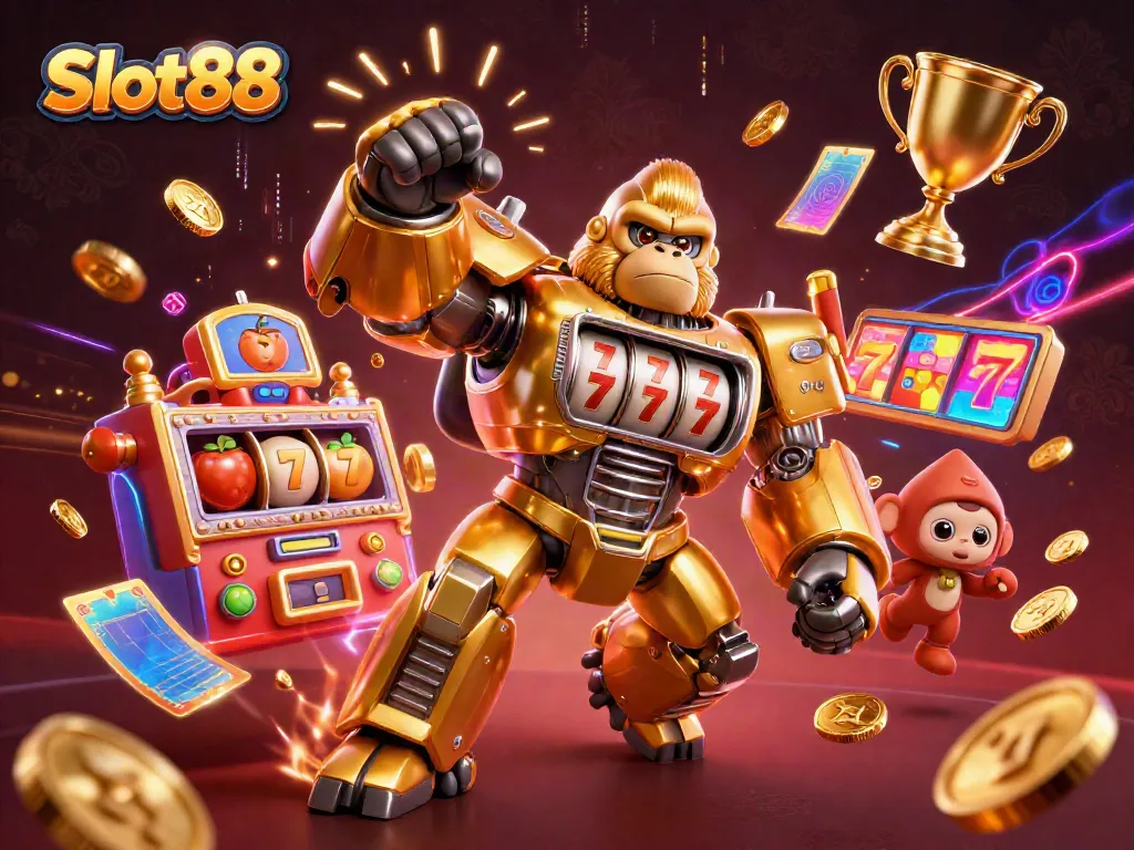Slot88 menghadirkan mesin slot yang memukau dengan karakter gorila emas dalam suasana kasino yang penuh warna.
