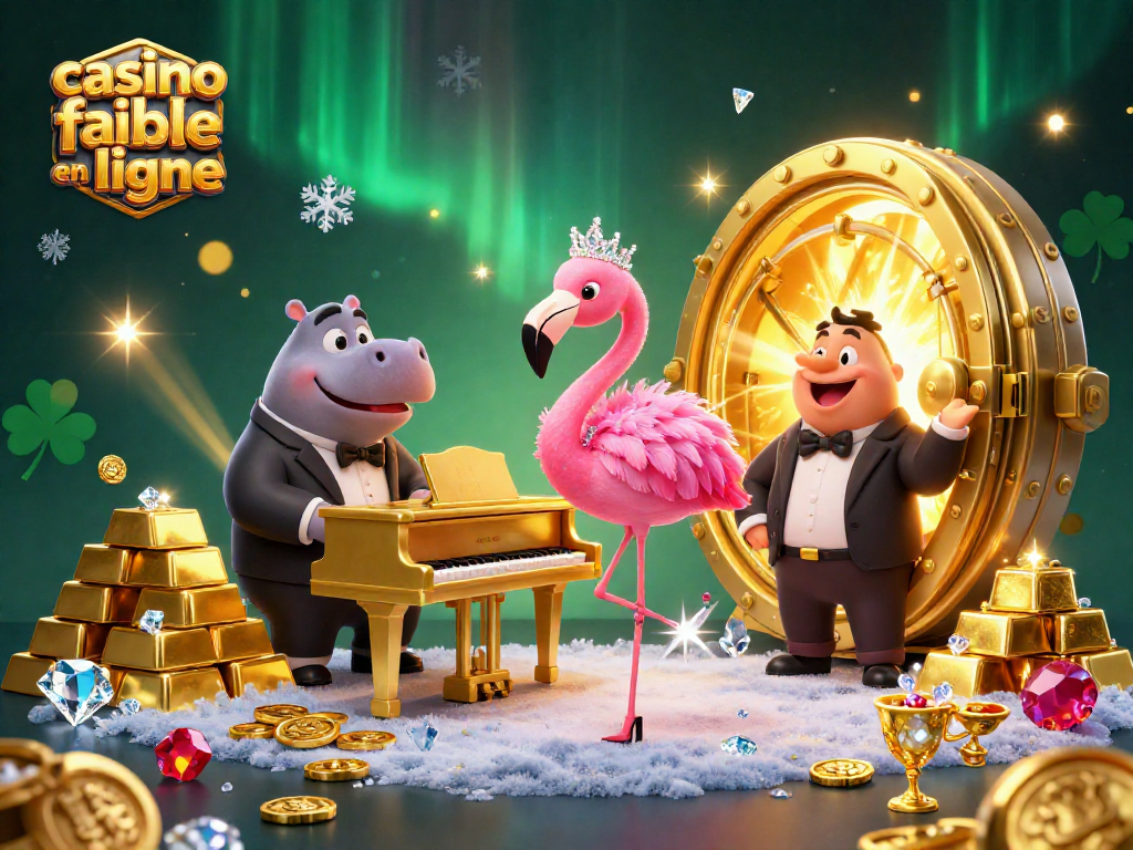 Illustration colorée de casino fiable en ligne avec chanteuse flamant et hippo bassiste entourés de trésors.
