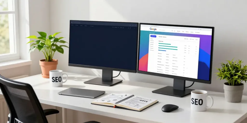 SEO expert using instant indexing tools in a modern workspace.
