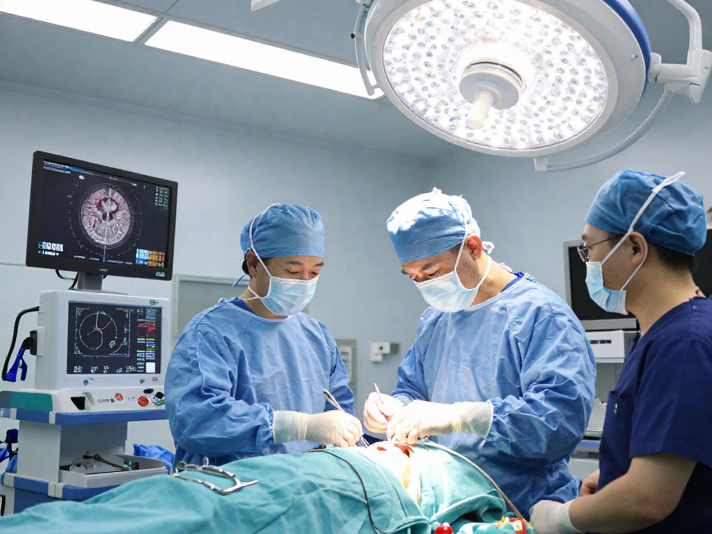Beyin tümörü ameliyatı performed by a skilled surgeon in a sterile operating room with advanced instruments and a dedicated team.