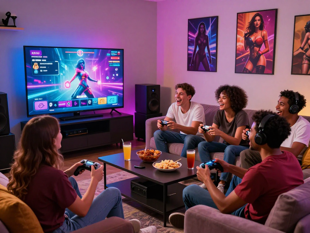 Group enjoying sex games together in a cozy gaming setup, showcasing vibrant atmosphere and engagement.