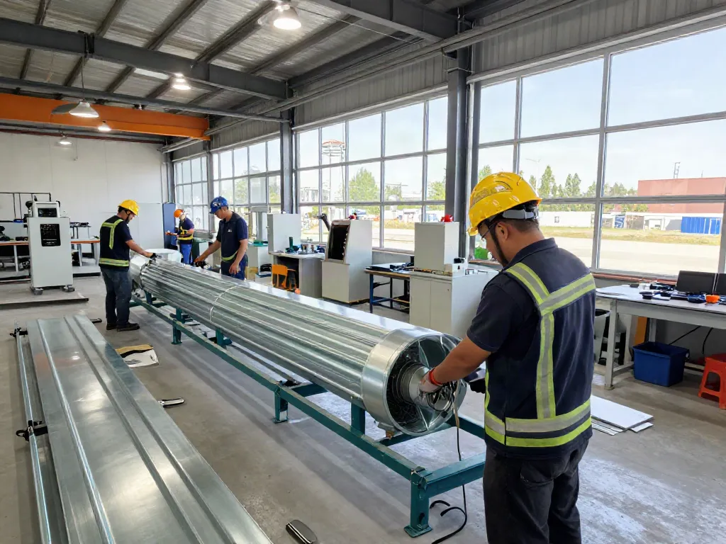 Miller Sheetmetal Inc. HVAC installation workers in a bright industrial workshop, showcasing craftsmanship in sheet metal fabrication.