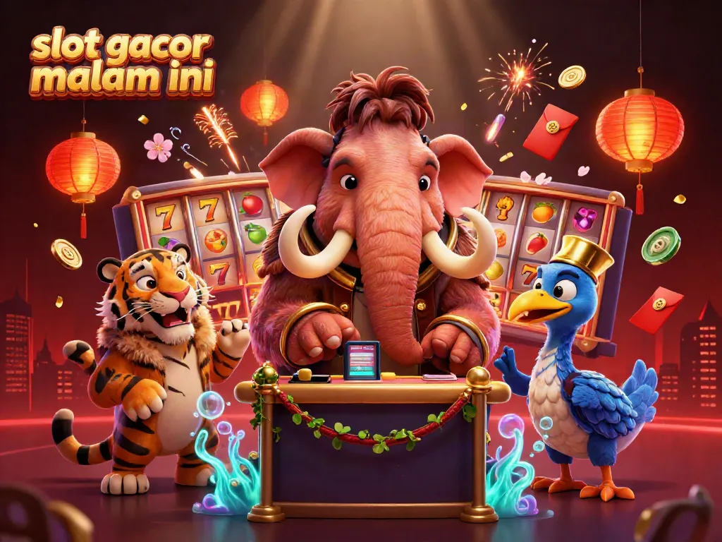 Ilustrasi kasino menampilkan slot gacor malam ini dengan mamut tempat keamanan, macan saber, dan burung dodo dalam suasana ramai.