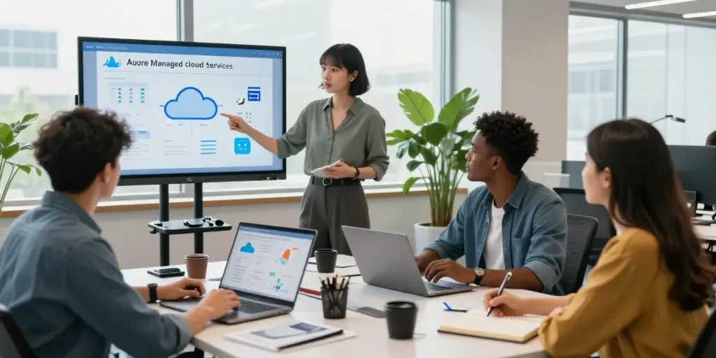 Team collaborating on Azure managed cloud services in a modern office