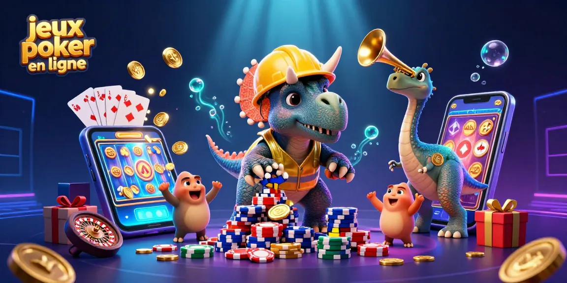 Jouer à des jeux poker en ligne avec des personnages de dinosaures et des éléments festifs.