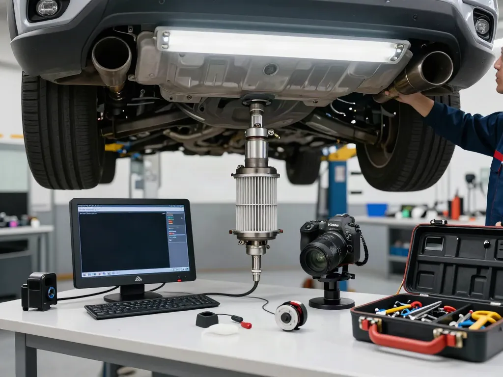 Mechaniker reinigt einen DPF im Werkstattbereich mit Werkzeugen und modernen Geräten.