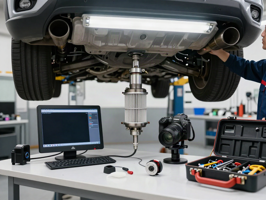 Mechaniker reinigt einen DPF im Werkstattbereich mit Werkzeugen und modernen Geräten.