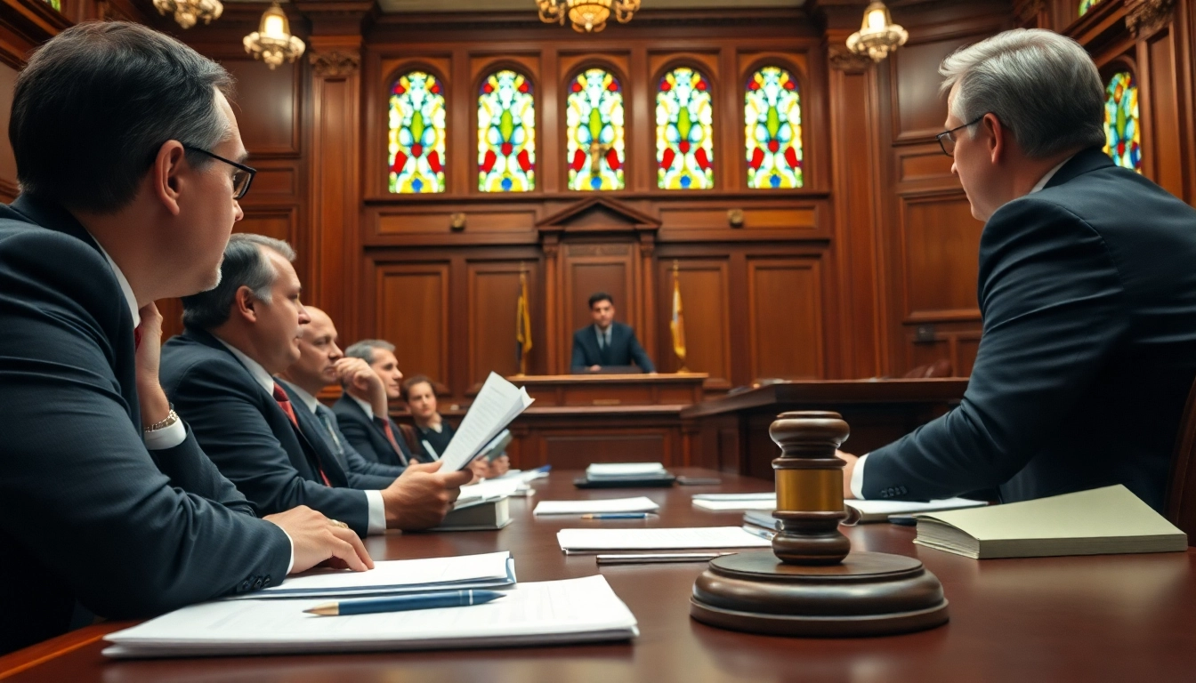Engaged lawyers in a merchant cash advance lawsuit courtroom presentation.