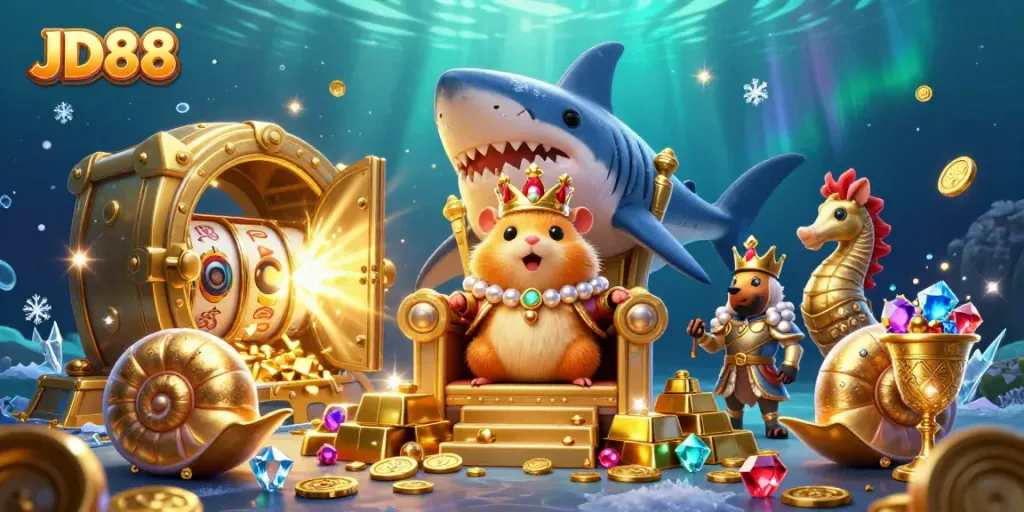 Engage in thrilling gameplay with JD88's rich 3D gambling animation featuring a golden hamster king and treasures.