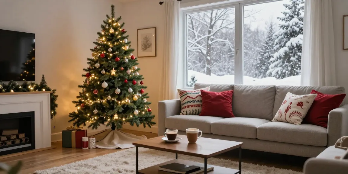A beautifully decorated tall skinny Christmas tree in a cozy living room setting with warm lights and festive decor.