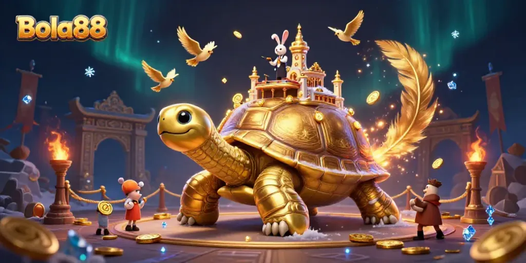 Engage with Bola88 through an enchanting 3D illustration featuring a golden tortoise casino.
