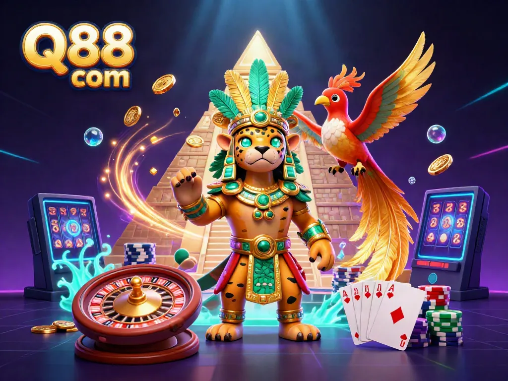 Experience the thrill of winning at Q88 com with a Mayan jaguar priest and golden treasures in a vibrant casino scene.