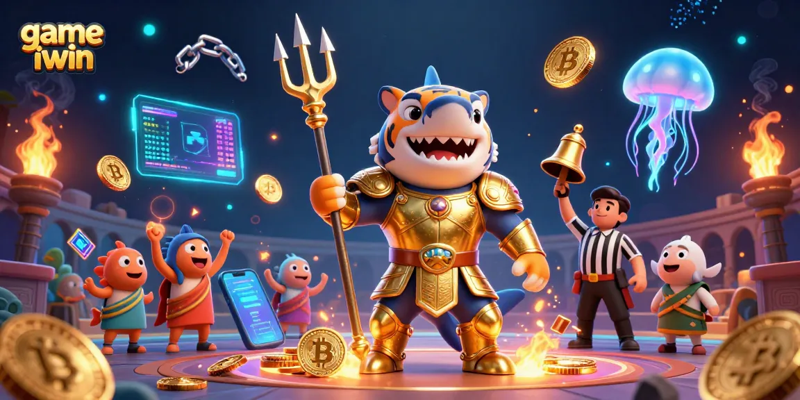 Play game iwin and win big in this vibrant 3D illustration combining casino excitement and cryptocurrency.