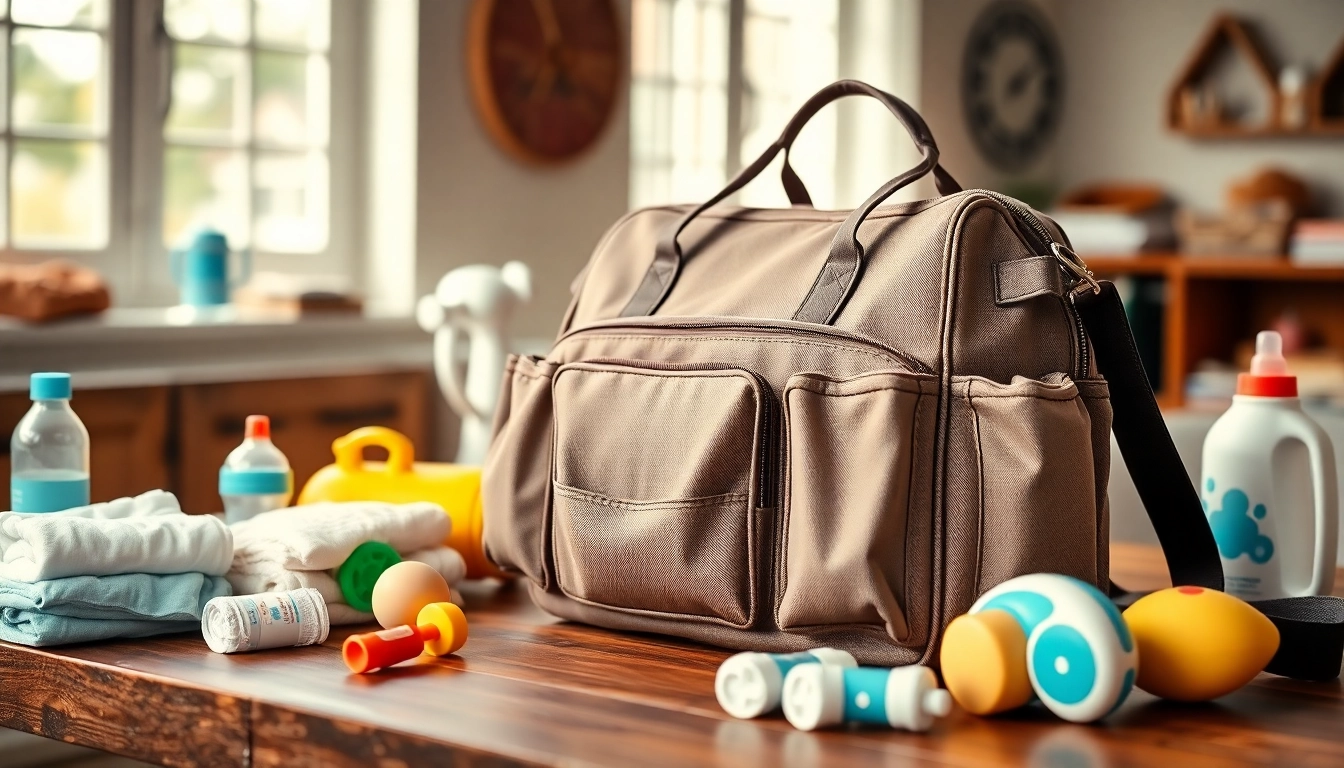 Showcasing the wrangler diaper bag with baby essentials, highlighting its design and functionality.