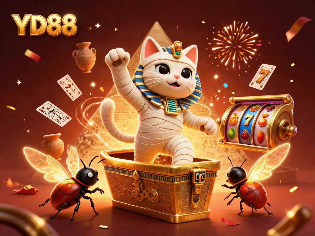 Experience thrilling gameplay at YD88 with a lively casino scene featuring a mummy cat and golden elements.