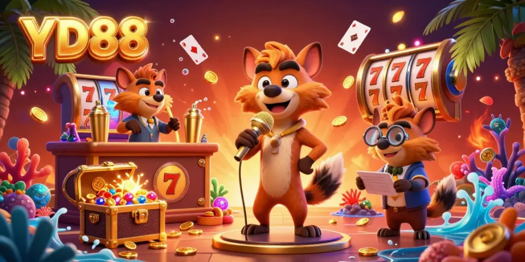 Enjoy the lively atmosphere at YD88 casino, featuring cartoon hyenas in an exciting comedy club scene.