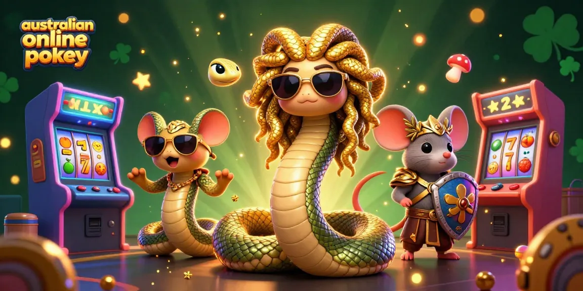 Engage with exciting australian online pokies in this vibrant 3D illustration featuring Medusa and arcade games.