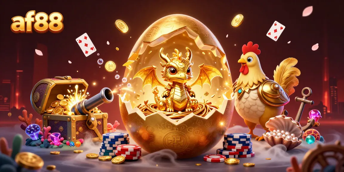 Experience excitement with af88 as a golden dragon emerges from a casino egg amid floating poker chips.