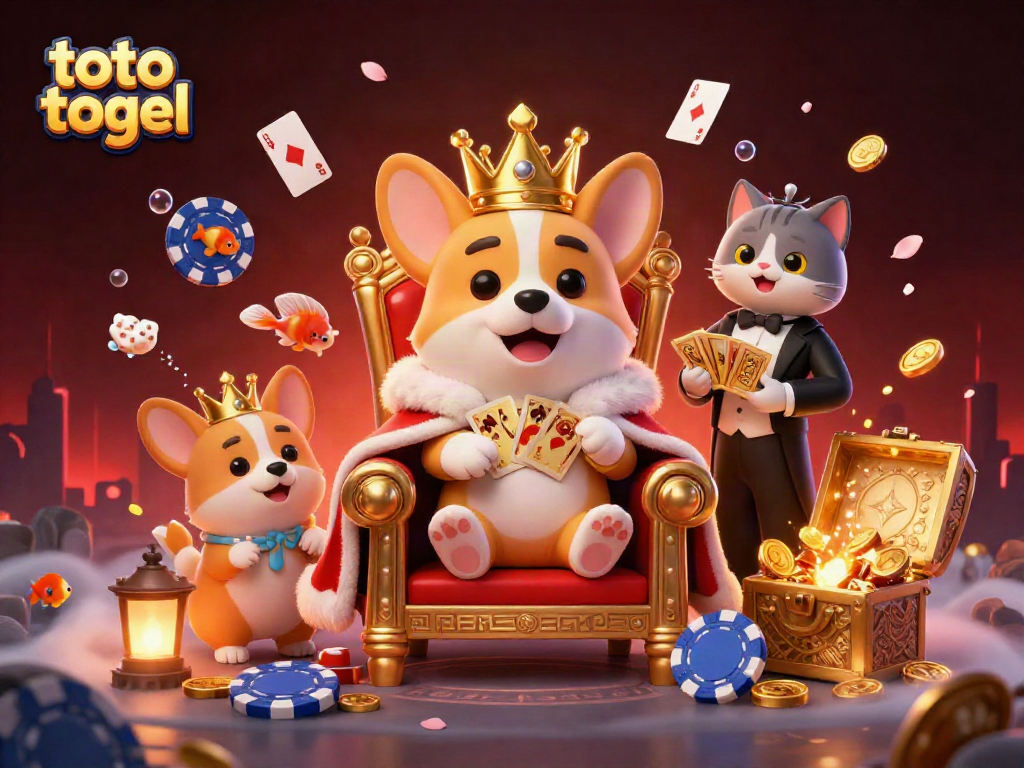 Win big with toto togel in a vibrant 3D casino scene featuring royal corgis and treasure!