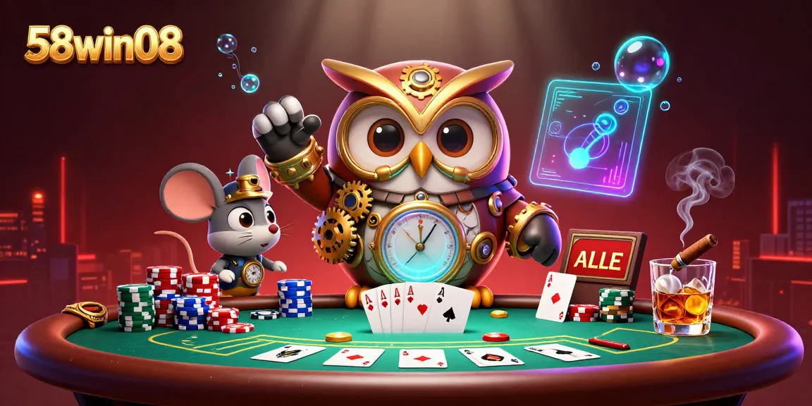 Engage with the vibrant 58win08 casino scene showcasing a time-traveler owl among poker elements.
