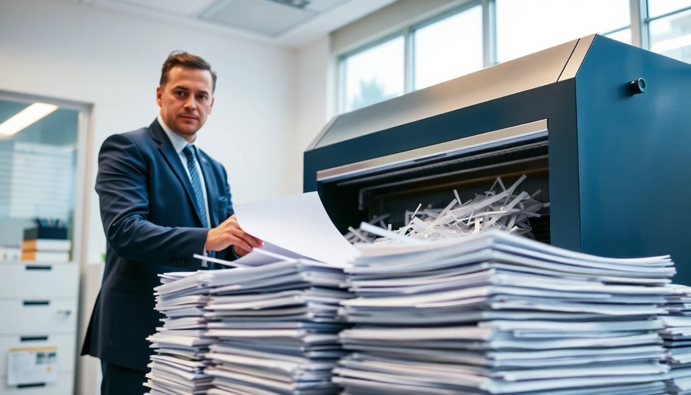 Secure medical record shredding Cleveland OH by a professional technician in a modern office environment.