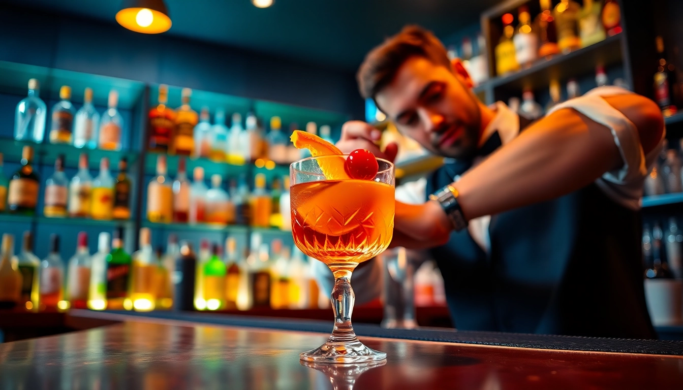 Mixing bourbon whiskey with various ingredients in a stylish bar setting.