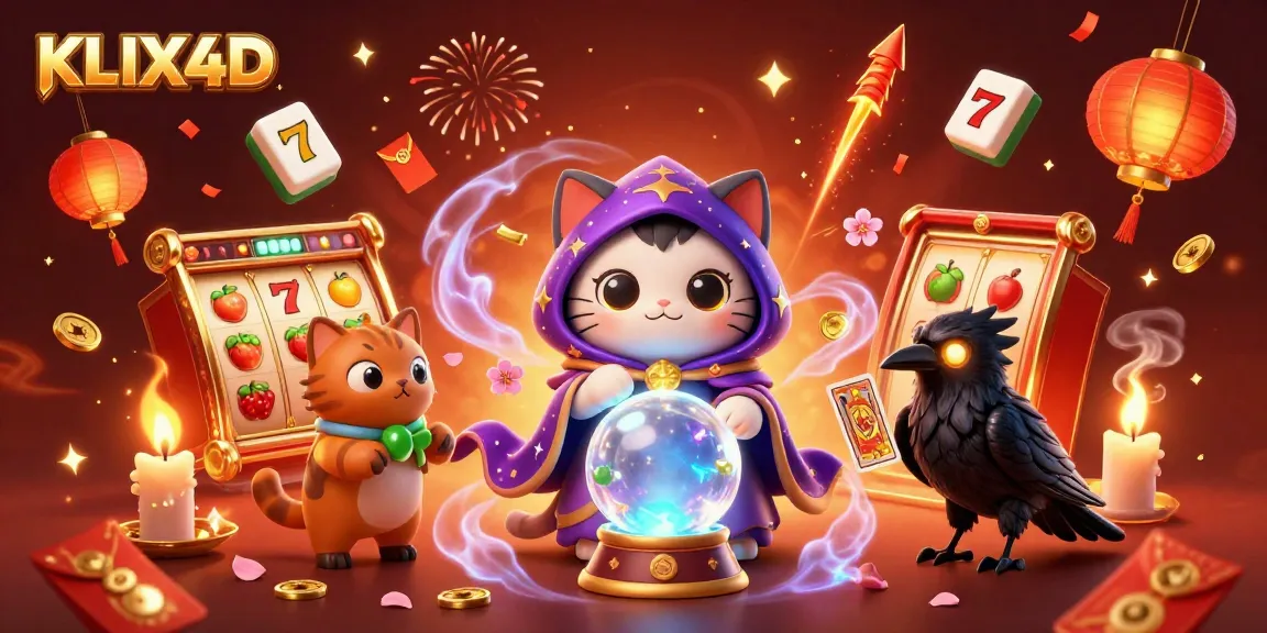 Gambarkan permainan slot menarik KLIX4D dengan karakter kucing mistik, burung gagak, dan efek kemeriahan.