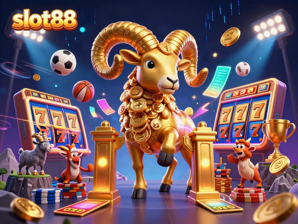 Experience the thrill of slot88 with a dynamic 3D scene featuring a golden ram and jackpot elements.