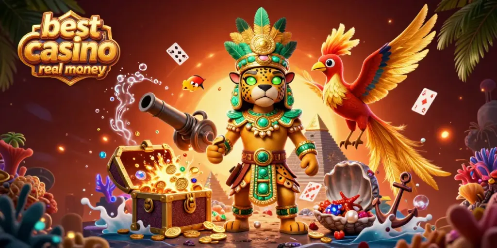 Engage with the best online casino real money world, featuring vibrant scenes of a Mayan priest, treasures, and game elements.