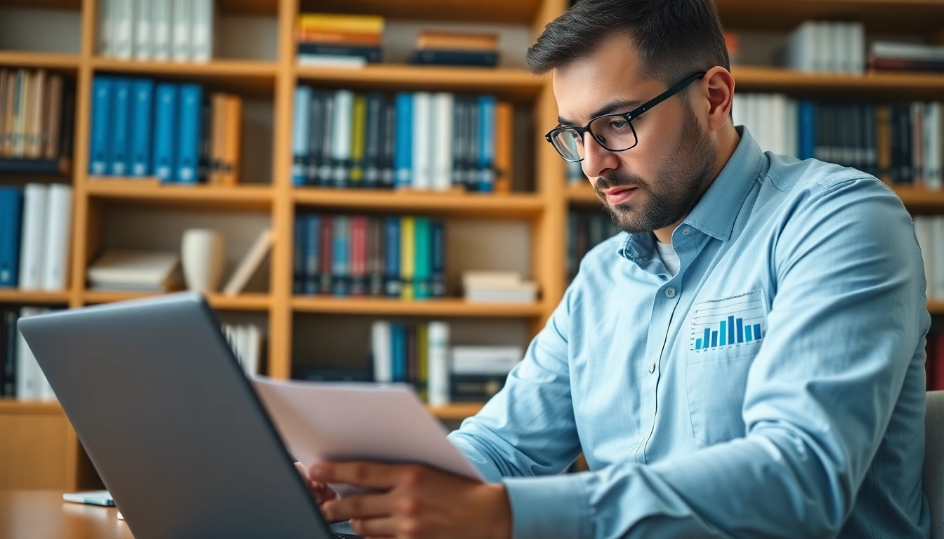 Cyber essentials assessor reviewing important cybersecurity documents in a professional environment.