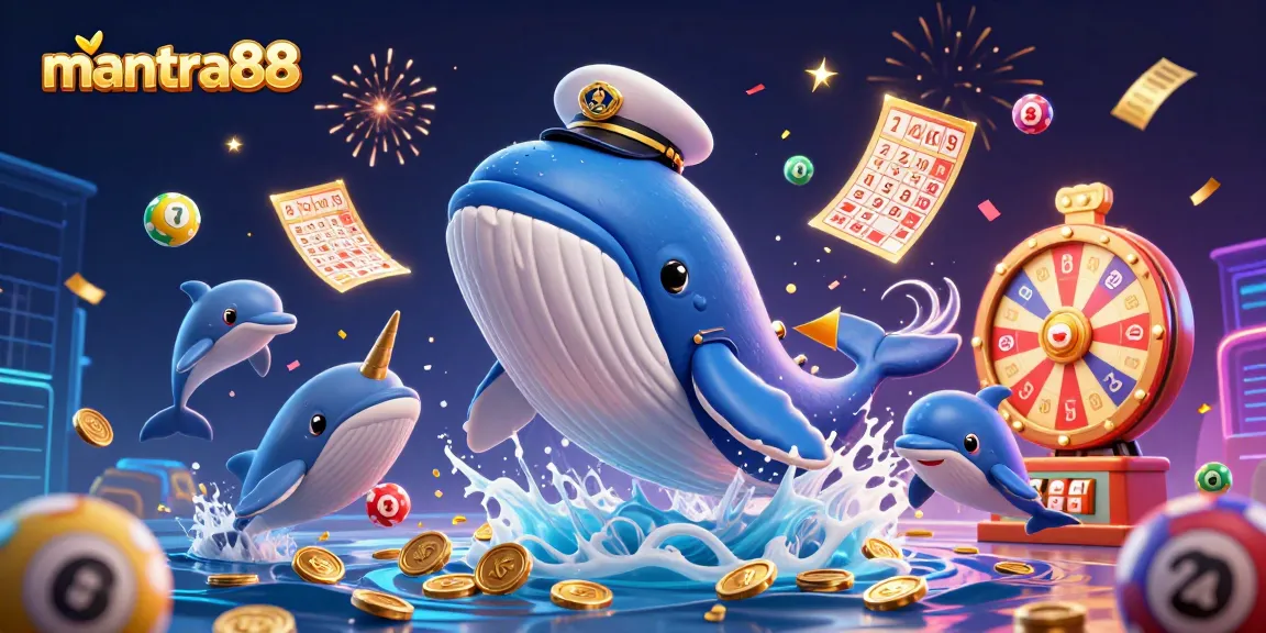 Catch the excitement at mantra88 with playful dolphins and a magical whale in a vibrant lottery scene.