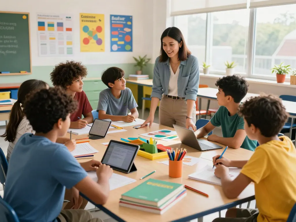A vibrant classroom scene showcasing students using extra resources for collaborative learning activities.