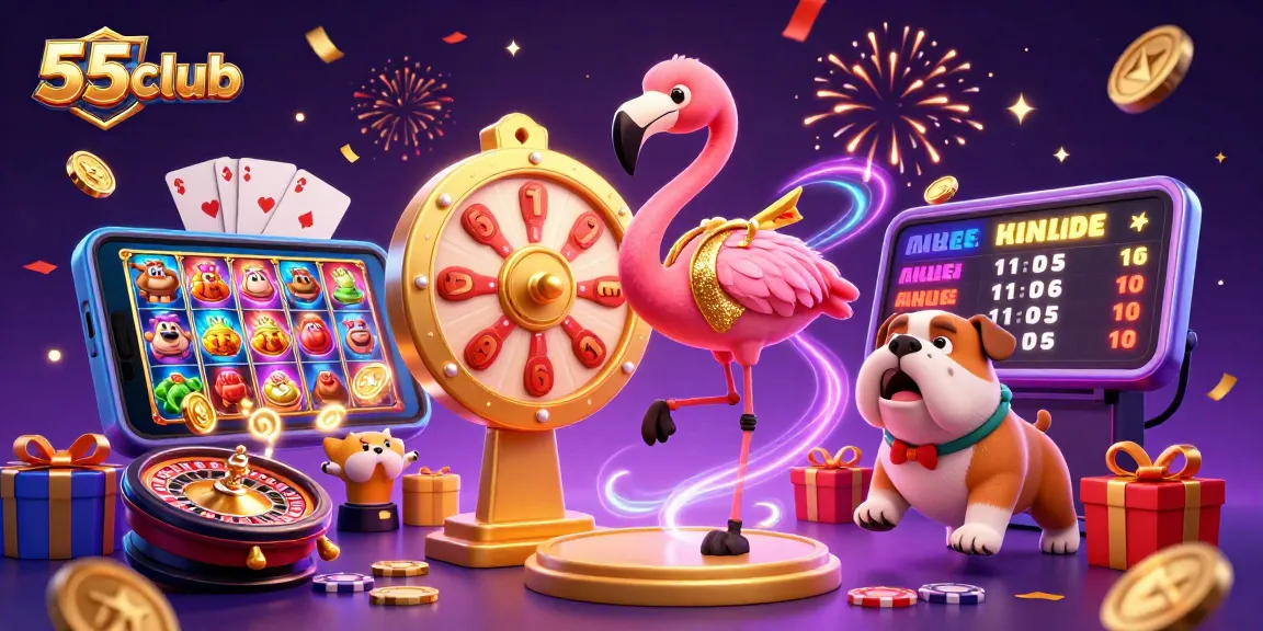 Experience the excitement of 55club with a dynamic game show scene featuring colorful slot games and vibrant characters.