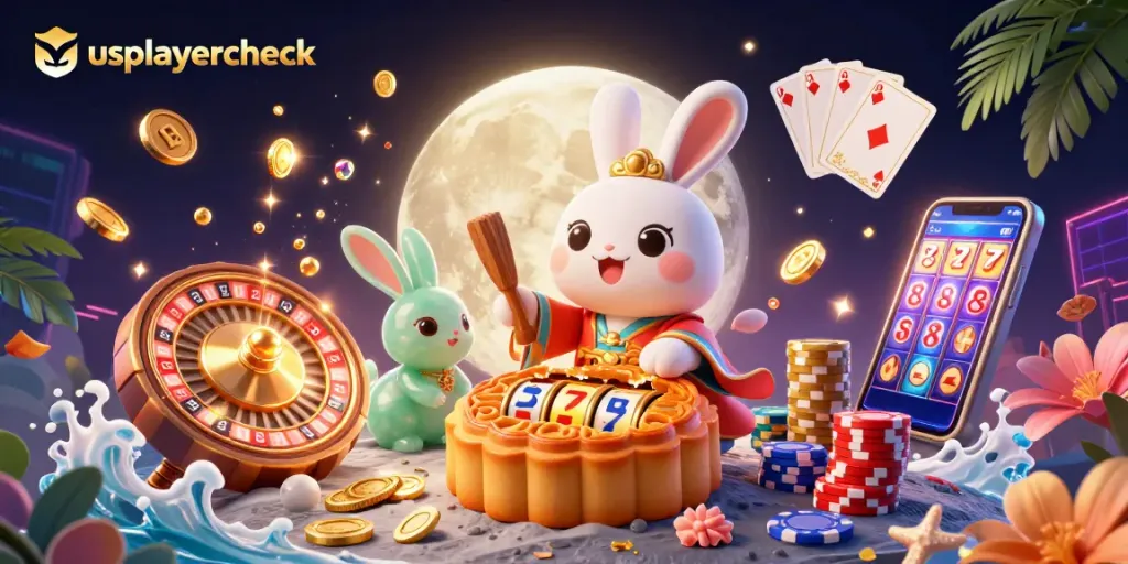 Spin for jackpots with usplayercheck in a colorful, dynamic 3D casino scene featuring moon rabbits and slot reels.