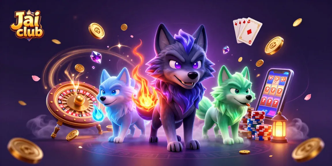Engage with the thrilling Jai club, showcasing a mystical wolf leader amidst dazzling casino elements.