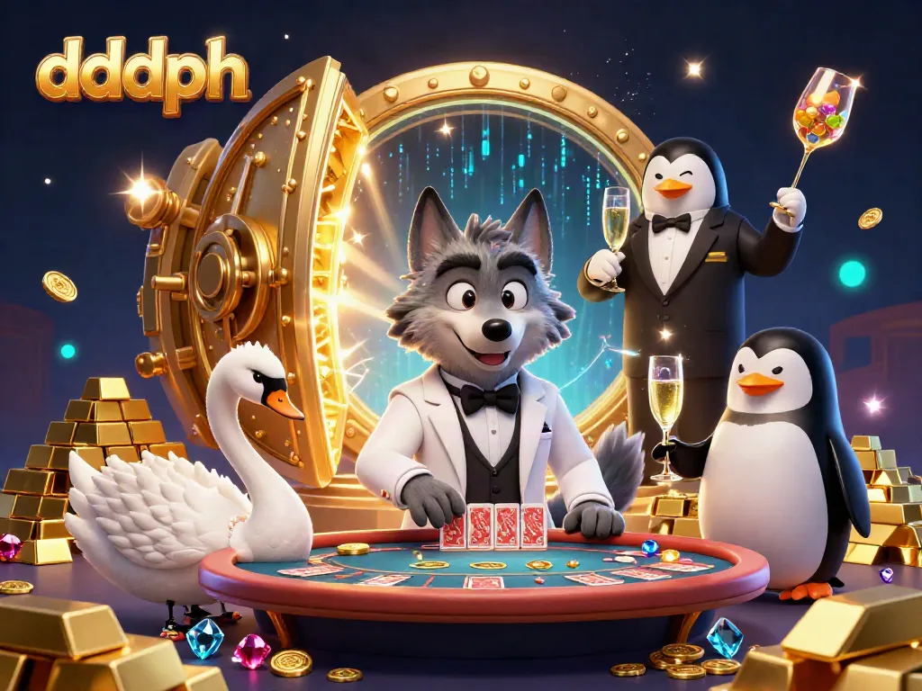 Engage in exhilarating gaming with dddph featuring a stylish wolf, swan, and penguin at a stunning casino scene.