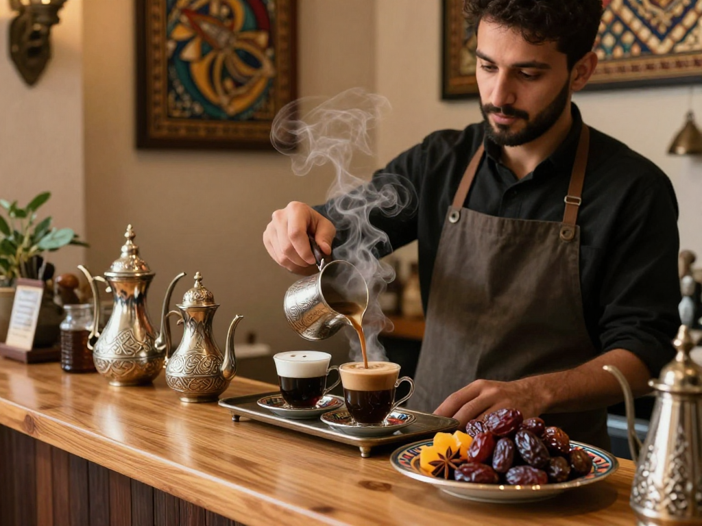 قهوجي يعد القهوة العربية في مقهى تقليدي مع توابل وتمور ملونة.