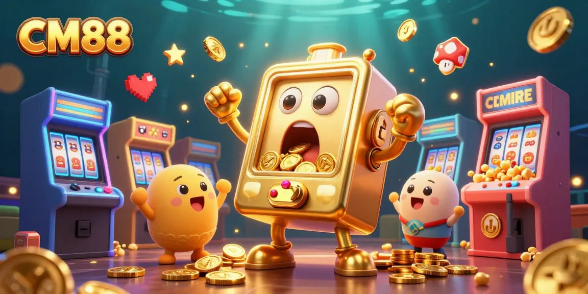 CM88 features a golden slot machine celebrating a jackpot with coins, arcade elements, and popping popcorn.