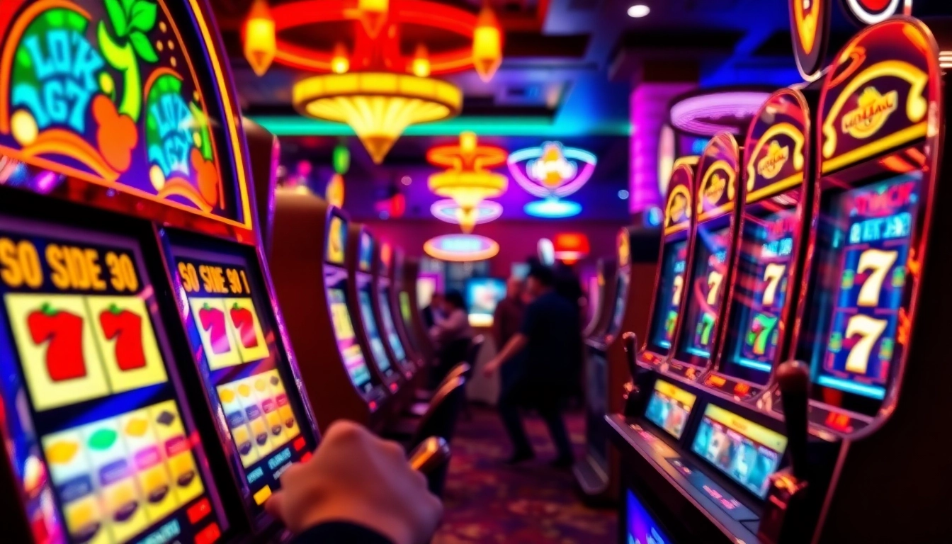 Engage in thrilling slot gambling with colorful machines and excited players in a lively casino.