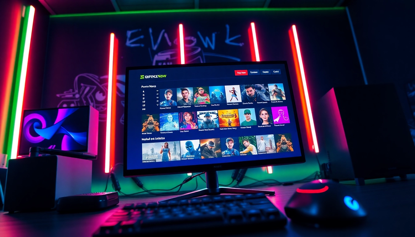 Navigate the GeForce Now games list on a vibrant gaming monitor surrounded by peripherals.