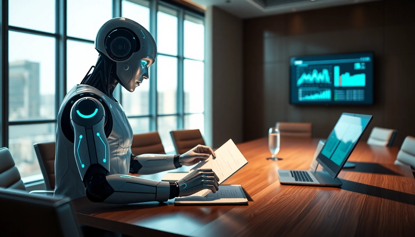 AI that handles meeting follow ups with a sleek assistant in a modern conference room.