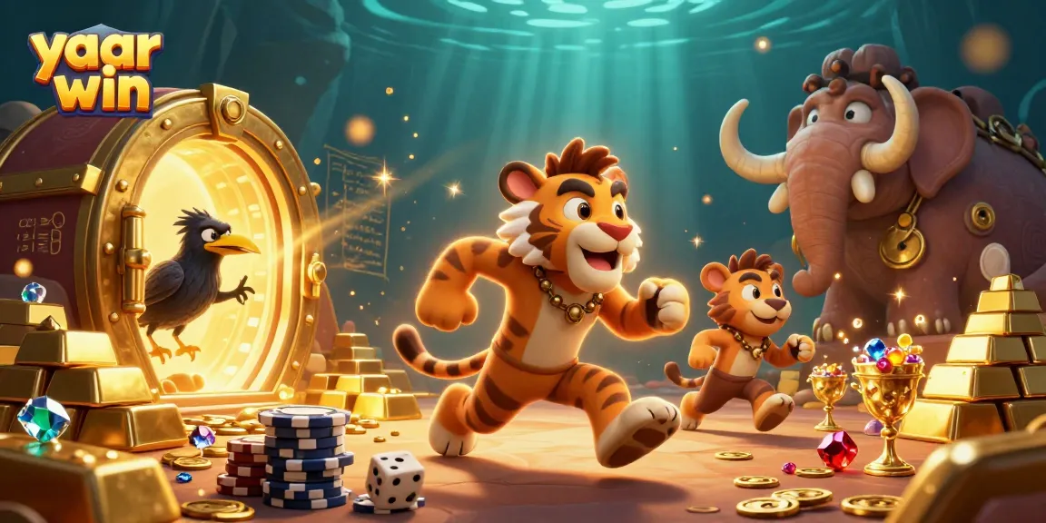 Experience the excitement of yaar win with a dynamic prehistoric casino scene featuring colorful characters and treasures.