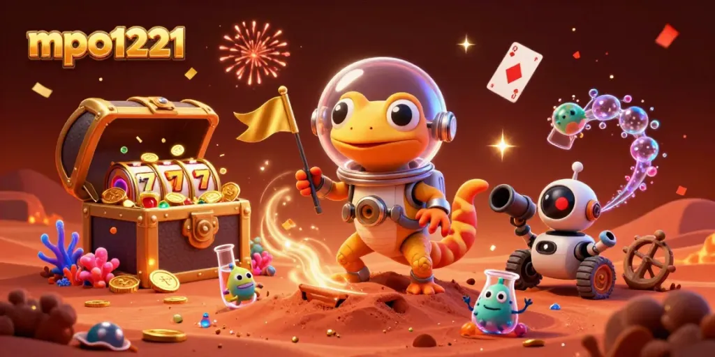 Experience mpo1221 with a Martian gecko uncovering a golden casino, surrounded by exciting game elements.