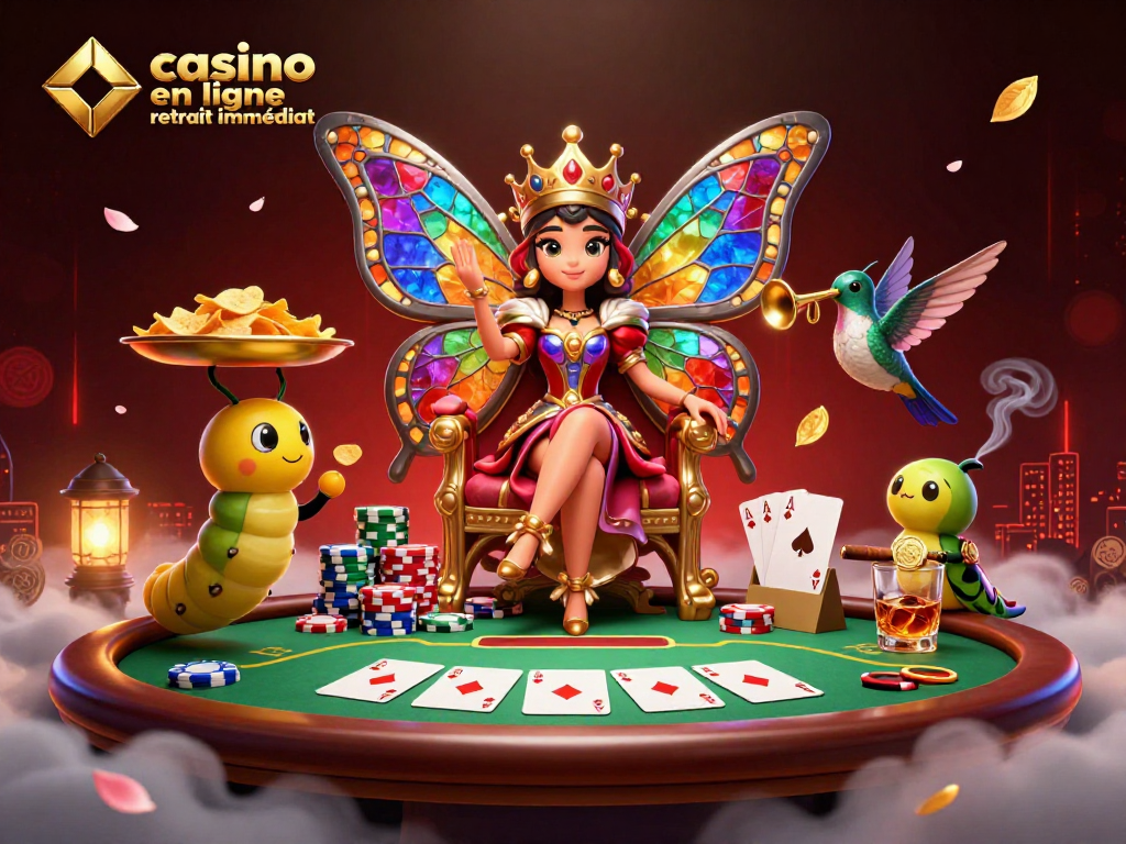 Jouer à des jeux sur un casino en ligne retrait immédiat avec un décor luxueux de poker et des personnages colorés.