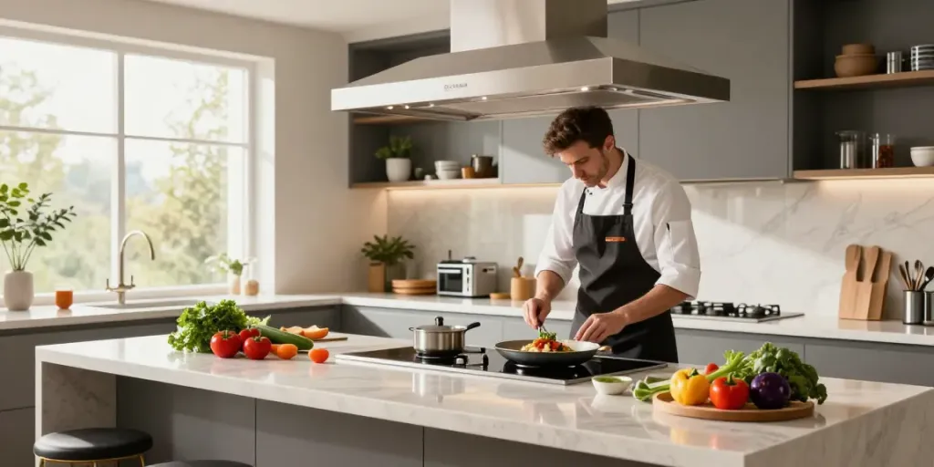 Chef preparing a gourmet dish under a stylish island cooker hood in a modern kitchen.