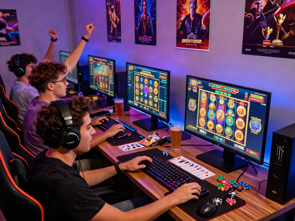 Friends enjoying a thrilling night playing situs judi slot online with vibrant graphics and snacks on the table.