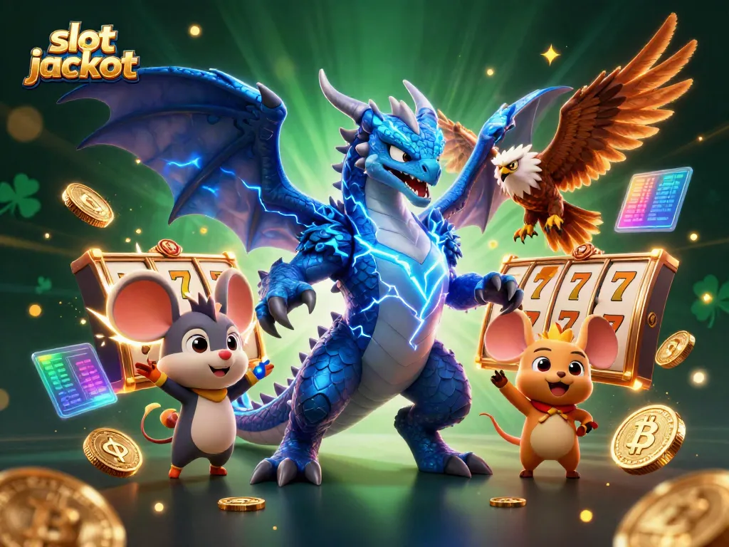 Experience the thrill of the slot jackpot world, filled with vibrant colors and characters like dragons and slot reels.