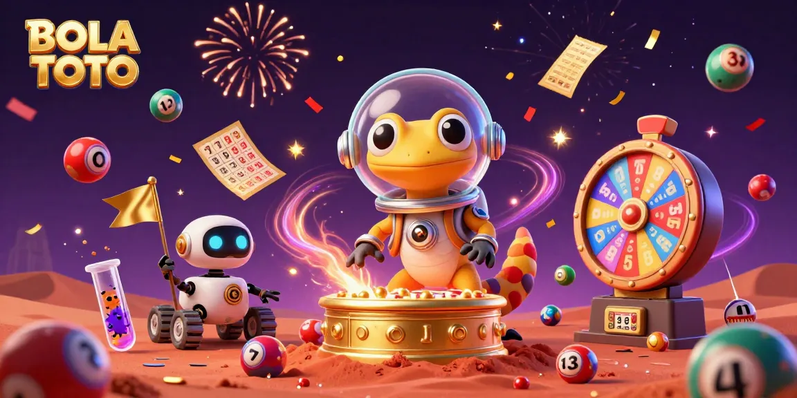 BOLA TOTO showcases a vibrant 3D scene of a Martian gecko celebrating lottery wins at a golden casino.